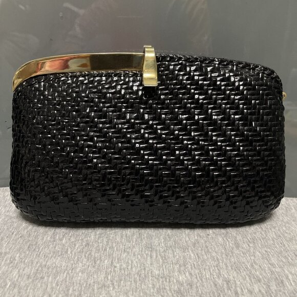 RODO Italy Vintage Black & Gold Woven Wicker Straw Clutch Hand Bag Pushlock - Picture 1 of 5
